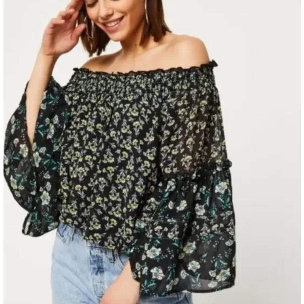 Free People Rose Valley Blouse Womens Medium Black Floral Smock Neck Top